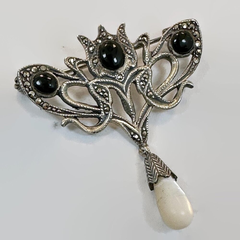 Marcasite Pendant, Sterling Silver, Art Nouveau, Black Onyx, Mother of Pearl
